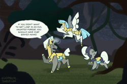 Size: 1003x663 | Tagged: safe, artist:egophiliac, derpibooru import, earth pony, pegasus, pony, unicorn, armor, celestia's faithfuls, dialogue, female, flying, forest, magic, male, mare, night, royal guard, signature, speech bubble, stallion, trio