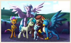 Size: 2000x1212 | Tagged: safe, artist:masteroshawott, derpibooru import, gallus, ocellus, sandbar, silverstream, smolder, yona, changedling, changeling, classical hippogriff, dragon, griffon, hippogriff, yak, crossed arms, dragoness, female, group photo, male, one eye closed, paws, student six, teenager, thumbs up, wink