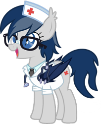 Size: 1280x1569 | Tagged: safe, artist:fletcherthehuntress, oc, oc only, oc:doctor nighthoof, bat pony, pony, bat pony oc, clothes, cute, cute little fangs, doctor, fangs, female, glasses, mare, open mouth, red cross, simple background, solo, stethoscope, transparent background, vector