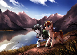 Size: 1240x881 | Tagged: safe, artist:ruhje, derpibooru import, oc, oc only, oc:ember tempest, oc:lila hope, pegasus, pony, unicorn, backpack, commission, female, freckles, hiking, lake, looking at each other, male, mare, mountain, oc x oc, saddle bag, scenery, shipping, stallion, straight, walking