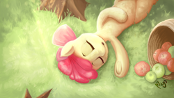 Size: 1024x576 | Tagged: safe, artist:sea-maas, derpibooru import, apple bloom, earth pony, pony, adorabloom, apple, basket, bow, cute, eyes closed, female, filly, food, grass, hair bow, open mouth, signature, sleeping, solo, underhoof