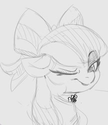 Size: 510x589 | Tagged: safe, artist:tre, derpibooru import, apple bloom, bow, female, filly, grayscale, looking at you, monochrome, one eye closed, solo, traditional art, wink