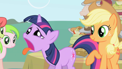 Size: 1280x720 | Tagged: safe, derpibooru import, screencap, applejack, twilight sparkle, unicorn twilight, earth pony, pony, unicorn, friendship is magic, bleh, disgusted, meme origin