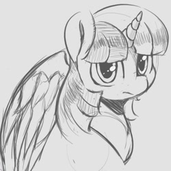 Size: 626x626 | Tagged: safe, artist:tre, derpibooru import, twilight sparkle, twilight sparkle (alicorn), alicorn, pony, female, grayscale, looking at you, mare, monochrome, solo, traditional art