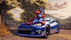 Size: 4551x2560 | Tagged: safe, artist:syntaxartz, derpibooru import, oc, oc only, oc:lucid heart, pegasus, pony, car, clothes, draw me like one of your french girls, scenery, socks, solo, striped socks, subaru, subaru brz, supercar