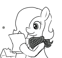 Size: 640x600 | Tagged: safe, artist:ficficponyfic, oc, oc only, oc:emerald jewel, earth pony, pony, bandana, child, colt, colt quest, cute, cyoa, femboy, foal, hair over one eye, letter, male, monochrome, reading, smiling, solo, story included