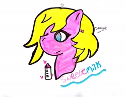 Size: 2664x2060 | Tagged: safe, artist:superdavid2011, derpibooru import, oc, oc:sweetiemilk, pony, blue eyes, bottle, cutie mark, female, heart, looking to the left, mare, my little pony, pink fur, signature, smiling, solo, traditional art, yellow hair