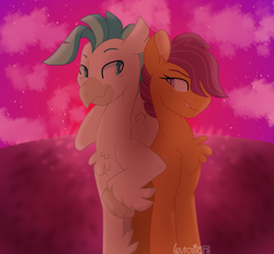 Size: 1024x951 | Tagged: safe, artist:leviostars, derpibooru import, scootaloo, terramar, classical hippogriff, hippogriff, pegasus, pony, blushing, chest fluff, cloud, ear fluff, eye contact, female, filly, grin, leg fluff, lidded eyes, looking at each other, male, nudge, nudging, shipping, shoulder fluff, smiling, smirk, straight, terraloo