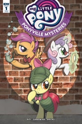 Size: 1054x1600 | Tagged: safe, artist:brendahickey, derpibooru import, idw, apple bloom, scootaloo, sweetie belle, earth pony, pegasus, pony, unicorn, spoiler:comic, spoiler:comicponyvillemysteries1, bubble, bubble pipe, clothes, cover, cutie mark crusaders, deerstalker, detective, facial hair, female, filly, hat, magic, magnifying glass, moustache, pipe, ponyville mysteries, ribbon, sherlock holmes