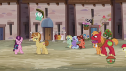 Size: 1920x1080 | Tagged: safe, screencap, apple bloom, big macintosh, dear darling, feather bangs, fond feather, scootaloo, sugar belle, swoon song, earth pony, pegasus, pony, unicorn, hard to say anything, baguette, battle for sugar belle, bimbettes, bread, carrot, clothes, cutie mark, dress, food, jelly, ketchup, mystery object, our town, pea, sauce, the cmc's cutie marks, tomato, vegetables