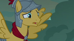 Size: 1280x720 | Tagged: safe, derpibooru import, screencap, flash magnus, pegasus, pony, campfire tales, flying, helmet, male, royal legion, solo, stallion, wings