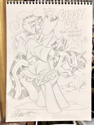 Size: 1536x2048 | Tagged: safe, artist:andypriceart, derpibooru import, twilight sparkle, human, pony, crossover, duo, ed, ed edd n eddy, female, grayscale, humans riding ponies, male, mare, monochrome, riding, traditional art, twilight is not amused, unamused