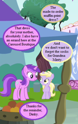 Size: 289x459 | Tagged: safe, derpibooru import, edit, edited screencap, screencap, amethyst star, dinky hooves, sparkler, inspiration manifestation, apple, cropped, dialogue, food, implied derpy, implied minty, sisterly sparkler, speech bubble, tent