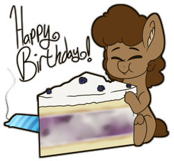 Size: 2029x1875 | Tagged: safe, artist:binkyt11, derpibooru exclusive, derpibooru import, oc, oc:strong runner, pony, aweeg*, blueberry, blueberry cake (food), cake, candle, chibi, ear fluff, feralroku's birthday, food, happy birthday, male, scrunchy face, simple background, solo, stallion, transparent background