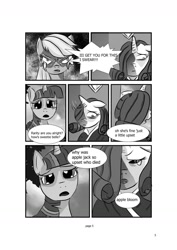 Size: 1024x1448 | Tagged: safe, artist:konfettimayhem, derpibooru import, applejack, rarity, twilight sparkle, earth pony, pony, unicorn, comic:the monster inside of me, comic, crying, female, implied death, mare, monochrome