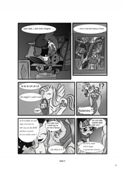 Size: 1024x1448 | Tagged: safe, artist:konfettimayhem, derpibooru import, angel bunny, apple bloom, fluttershy, sweetie belle, twilight sparkle, pegasus, pony, unicorn, comic:the monster inside of me, comic, crying, female, filly, mare, monochrome