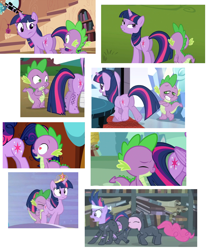 Size: 2160x2600 | Tagged: safe, derpibooru import, screencap, pinkie pie, spike, twilight sparkle, twilight sparkle (alicorn), alicorn, dragon, earth pony, pony, unicorn, faceful of ass, female, mare, plot, spike running into twilight's rear