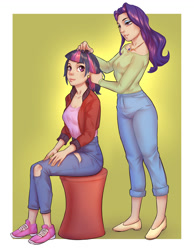 Size: 900x1159 | Tagged: safe, artist:monnian, derpibooru import, rarity, twilight sparkle, human, clothes, female, humanized, sitting