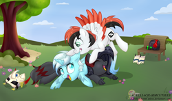 Size: 2028x1200 | Tagged: safe, artist:raspberrystudios, derpibooru import, oc, oc only, kirin, pegasus, pony, armor, commission, field, park, play-fighting, shading