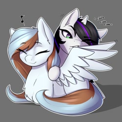 Size: 894x894 | Tagged: source needed, safe, artist:captainpudgemuffin, oc, oc only, oc:snow mist, oc:waffles, pegasus, pony, unicorn, commission, cute, duo, nibbling, ponyloaf, preening, simple background