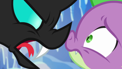 Size: 1280x720 | Tagged: safe, derpibooru import, screencap, spike, thorax, changeling, dragon, the times they are a changeling, angry, baby dragon, betrayed, boop, cute, cute little fangs, duo, fangs, furious, hissing, leave me alone, looking at each other, male, noseboop, open mouth, scared, shrunken pupils, slit eyes, snow, yelling
