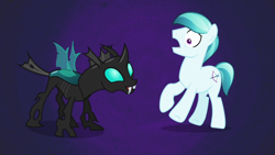 Size: 1280x720 | Tagged: safe, derpibooru import, screencap, crystal arrow, crystal beau, thorax, changeling, crystal pony, earth pony, pony, the times they are a changeling, duo, male, purple background, simple background, stallion