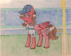 Size: 2942x2313 | Tagged: dead source, safe, artist:dragonscales28, oc, oc only, oc:ink rose, pony, bad pun, baseball, ichiro susuki, ichiro suzuki, mlb, pun, seaddle, seattle mariners, traditional art