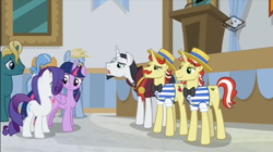 Size: 853x477 | Tagged: safe, derpibooru import, screencap, chancellor neighsay, flam, flim, rarity, twilight sparkle, twilight sparkle (alicorn), alicorn, pony, unicorn, friendship university, boomerang (tv channel), female, flim flam brothers, male, mare, podium, stallion