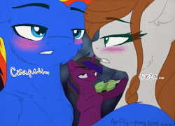 Size: 2373x1713 | Tagged: safe, artist:airfly-pony, derpibooru import, oc, oc only, oc:dark arreb, oc:scarlett drop, oc:wing hurricane, pegasus, pony, unicorn, bedroom eyes, crossover, eye contact, horn, looking at each other, pigtails, rcf community, shy, smiling, starship troopers, teeth, violin, wings
