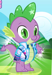 Size: 504x721 | Tagged: safe, derpibooru import, spike, dragon, clothes, cropped, gameloft, jacket, male, retro spike, smiling