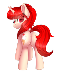 Size: 1024x1304 | Tagged: safe, artist:scarlet-spectrum, derpibooru import, oc, oc only, oc:little vanilla, pony, unicorn, commission, digital art, eye clipping through hair, female, food, freckles, ice cream, looking back, mare, plot, red hair, red mane, red tail, simple background, solo, transparent background, watermark