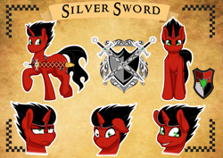 Size: 3507x2480 | Tagged: safe, artist:tatemil, derpibooru import, oc, oc only, oc:silver sword, pony, red and black oc, reference sheet, shield, sword, weapon