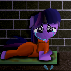 Size: 2000x2000 | Tagged: safe, artist:spellboundcanvas, twilight sparkle, pony, bed, clothes, crying, horn cap, jail, magic suppression, prison outfit, prisoner, prisoner ts, regret, sad, solo, story included