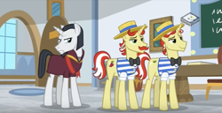 Size: 849x435 | Tagged: safe, derpibooru import, screencap, chancellor neighsay, flam, flim, friendship university, boomerang (tv channel), chalkboard, classroom, desk, flim flam brothers, implied racism