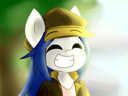 Size: 3200x2400 | Tagged: safe, artist:spheedc, derpibooru import, oc, oc:light chaser, earth pony, pony, blue hair, blurry background, clothes, digital art, eyes closed, female, hat, mare, smiling, solo, sunlight, teeth