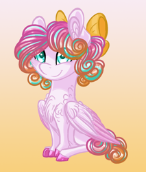 Size: 826x968 | Tagged: safe, artist:australian-senior, princess flurry heart, pegasus, pony, alternate design, alternate hairstyle, alternate universe, bow, chest fluff, colored hooves, cute, female, filly, gradient background, hair bow, kirindos, solo