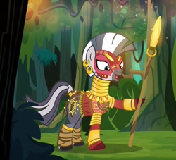 Size: 1000x908 | Tagged: safe, artist:pixelkitties, derpibooru import, zecora, zebra, armor, black panther, dora milaje, marvel, neck rings, open mouth, solo, spear, weapon