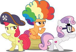 Size: 5000x3452 | Tagged: safe, artist:dashiesparkle, apple bloom, scootaloo, sweetie belle, pony, hard to say anything, .svg available, absurd resolution, agent rainbow head, charlie's angels, cutie mark crusaders, female, filly, funny face, glasses, hat, hay bale, pirate hat, shimmering spectacles, simple background, spyrate, transparent background, trio, vector, wig