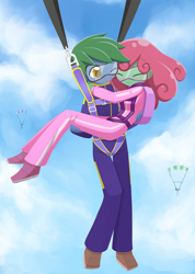 Size: 800x1125 | Tagged: safe, artist:howxu, derpibooru import, oc, oc only, oc:software patch, oc:windcatcher, equestria girls, bridal carry, clothes, equestria girls-ified, falling, goggles, hug, jumpsuit, one eye closed, parachute, sky, skydiving, windpatch