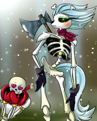 Size: 720x900 | Tagged: safe, artist:draltruist, derpibooru import, skellinore, anthro, the break up breakdown, axe, blushing, bone, clothes, crossover, crossover shipping, female, gloves, male, papyrus (undertale), shipping, skeleton, straight, undertale, weapon