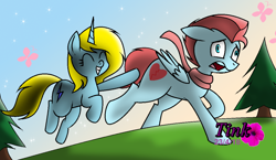 Size: 1132x658 | Tagged: safe, artist:pencil bolt, derpibooru import, oc, oc:betterry, oc:boomber light, butterfly, pegasus, pony, unicorn, escape, everfree forest, female, grass, landing, male, pony town, run, running, screaming, smiling, sparkles, stars, touching, tree