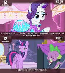 Size: 640x720 | Tagged: safe, derpibooru import, screencap, rarity, spike, twilight sparkle, twilight sparkle (alicorn), alicorn, dragon, pony, unicorn, simple ways, cinemare sins