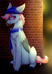 Size: 910x1281 | Tagged: safe, artist:anxiouslilnerd, oc, oc only, pegasus, pony, bandaid, beanie, cigarette, clothes, cloven hooves, dta entry, hat, rebel, scar, scarf, shaded sketch, wall