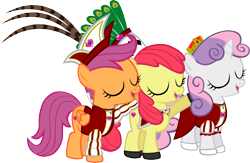 Size: 5481x3574 | Tagged: safe, artist:ironm17, derpibooru import, apple bloom, scootaloo, sweetie belle, earth pony, pegasus, pony, unicorn, carnival, clothes, costume, cutie mark crusaders, eyes closed, female, filly, germany, hat, simple background, transparent background