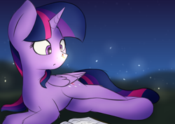 Size: 3656x2585 | Tagged: safe, artist:renderpoint, derpibooru exclusive, derpibooru import, twilight sparkle, twilight sparkle (alicorn), alicorn, firefly (insect), pony, book, female, grass, lying down, mare, night, outdoors, reading, sky, solo