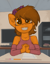 Size: 963x1210 | Tagged: safe, artist:marsminer, derpibooru import, oc, oc only, oc:venus spring, anthro, unicorn, anthro oc, bare shoulders, braces, cute, desk, ear fluff, female, flower, flower in hair, hands together, ocbetes, school, smiling, solo, this will end in tears, venus spring actually having a pretty good time