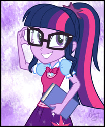 Size: 1749x2110 | Tagged: safe, artist:namygaga, sci-twi, twilight sparkle, equestria girls, rainbow rocks, adorkable, book, clothes, cute, dork, end credits, female, glasses, ponytail, shine like rainbows, signature, skirt, solo, twiabetes