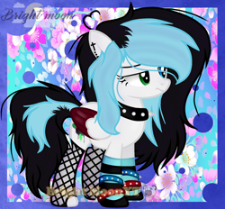 Size: 1024x949 | Tagged: safe, artist:sleppchocolatemlp, derpibooru import, oc, oc only, oc:gothica ink, pegasus, pony, choker, clothes, female, fishnet stockings, heterochromia, mare, socks, solo, spiked choker, striped socks, two toned wings