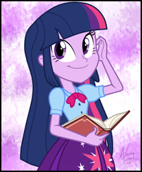 Size: 1749x2110 | Tagged: safe, artist:lunchie, artist:namygaga, twilight sparkle, equestria girls, rainbow rocks, adorkable, beautiful, book, clothes, cute, dork, end credits, female, looking at you, shine like rainbows, signature, solo, twiabetes