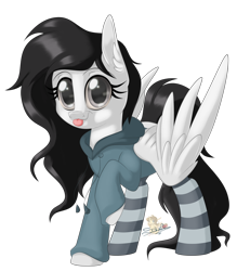 Size: 702x800 | Tagged: safe, artist:unisoleil, oc, oc only, oc:echo, pegasus, pony, clothes, female, hoodie, mare, raised hoof, simple background, socks, solo, striped socks, tongue out, transparent background